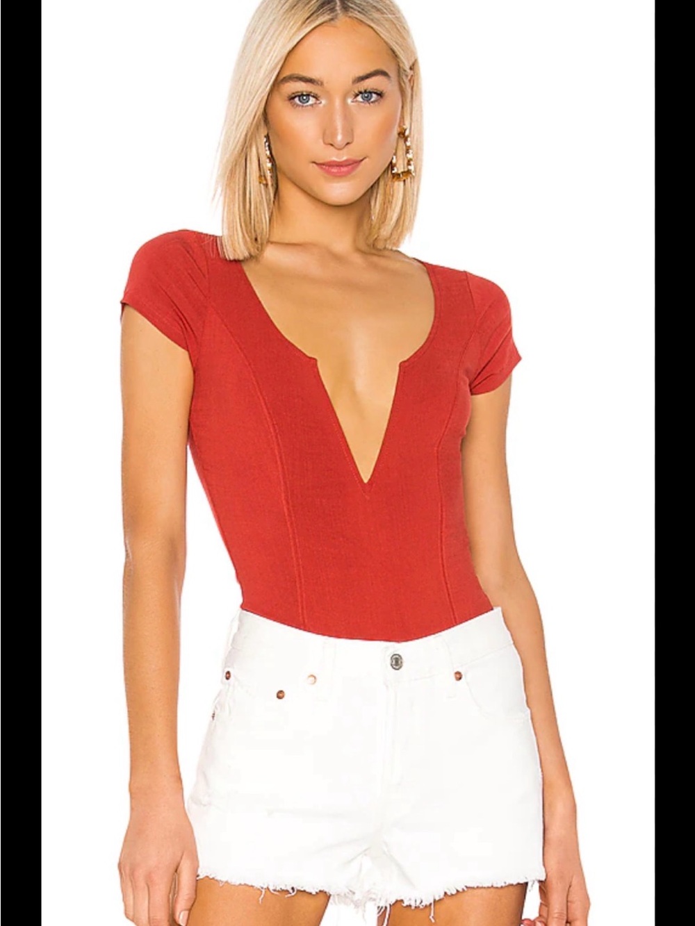 Free People Deep V Short Sleeve Ribbed Top in Rust